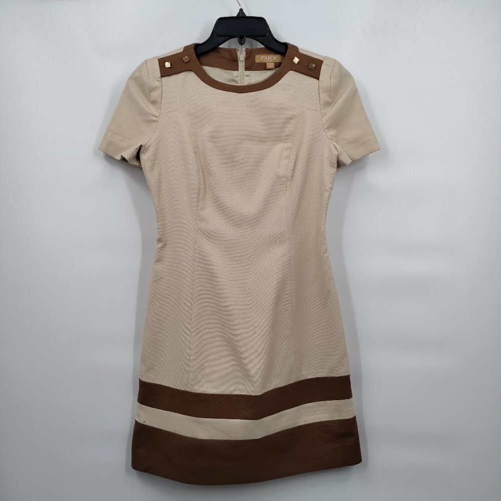 Prich Crewneck Short Sleeve Colorblock Casual Mini Dress Size XS Women Beige